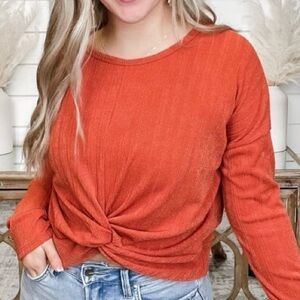 Lovely Melody Rust Long Sleeved Soft Ribbed  Cropped Front Tie Women’s S NWOT